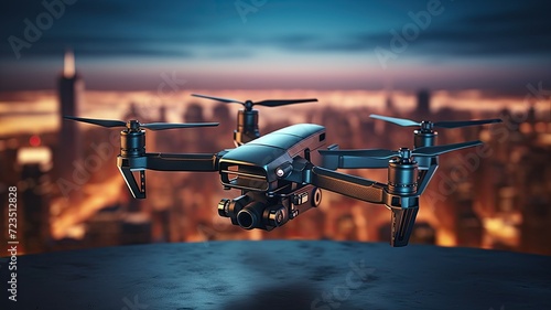 Drone flying over city skyline at dusk with illuminated buildings in the background.