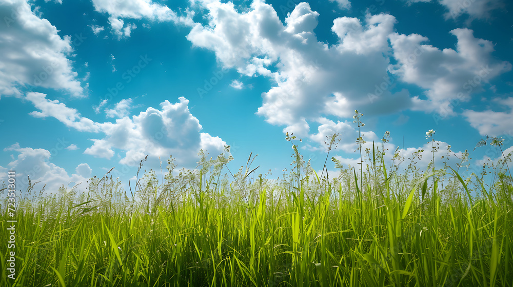 Illustration background, Beautiful grassy fields and summer blue sky with fluffy white clouds in the wind Illustration background, Beautiful grassy fields and summer blue sky with fluffy white clouds in the wind