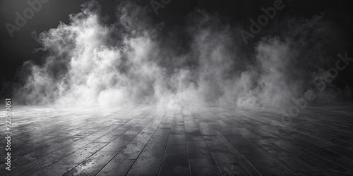 White smoke wisps rising above a wood plank floor, backlit by a white light, mysterious fog, mystery, black and white color scheme, fog machine fluid