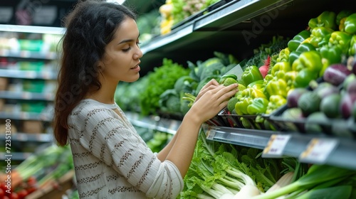 A woman is looking for organic vegetable in the shelf at supermarket. fresh vegetable is good for healthy people © Sasint