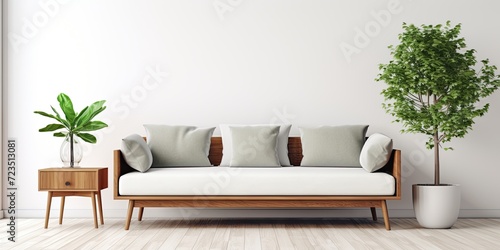 Scandinavian sofa in stylish living room with wooden coffee table and white vase holding green leaf. © Vusal