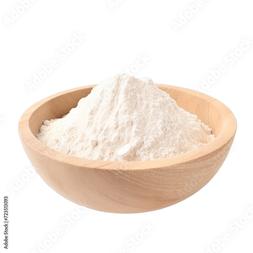 pile of finely dry organic fresh raw spelt flour powder in wooden bowl png isolated on white background. bright colored of herbal, spice or seasoning recipes clipping path. selective focus photo