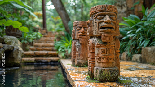 Mysterious Carved aztec style totems amidst Lush Foliage Enigmatic Totem Sculptures  mesoamerican artifact concept  jungle scene  stone sculptures