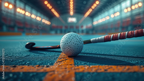 Field hockey stick and ball on the playing field, sports and competition concept.