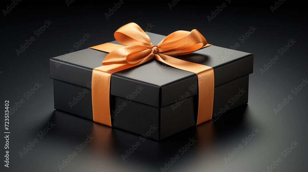 Obraz premium Stylish black gift box with a shiny gold ribbon on a reflective surface.