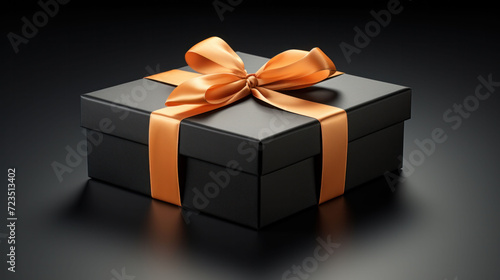 Stylish black gift box with a shiny gold ribbon on a reflective surface.