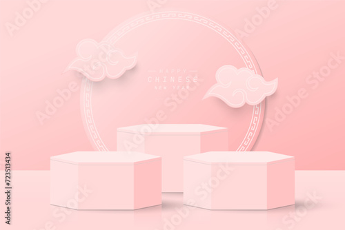 Modern pink 3D hexagon podium pedestal realistic with chinese pattern on circle background and clouds floating. Minimal scene for product mockup. Promotion stage and Happy Chinese New Year.