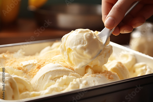Woman scooping vanilla ice cream in baking dish, closeup view