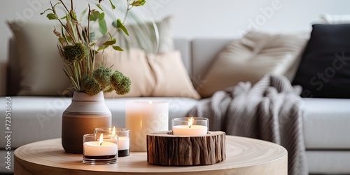 Modern living room interior with creative candles on wooden coffee table. Home staging. Template. Copy space. © Vusal