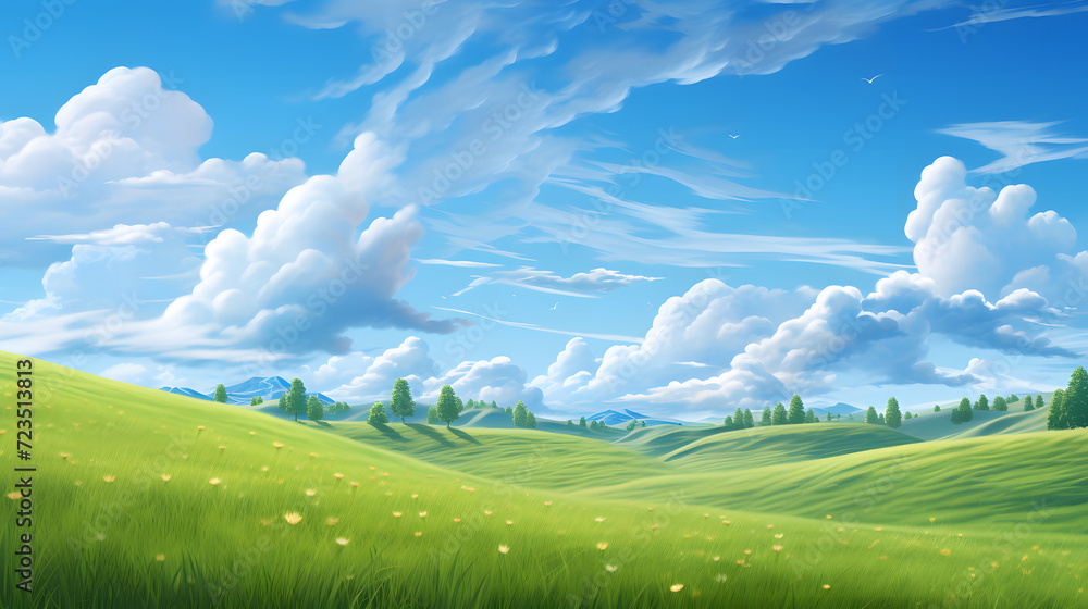 Fototapeta premium Illustration background, Beautiful grassy fields and summer blue sky with fluffy white clouds in the wind