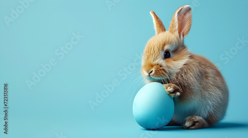 Easter Bunny Rabbit on Blue Background with Blue Painted Egg, copy space, generative ai © Saleem