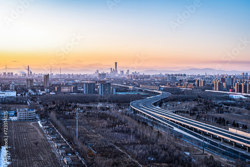 Beijing city traffic flow CBD building complex overpass in the early morning in Beijing © 文普 王
