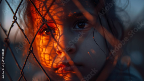 A child's face is partially illuminated through a fence at dusk, highlighting the personal toll of immigration.