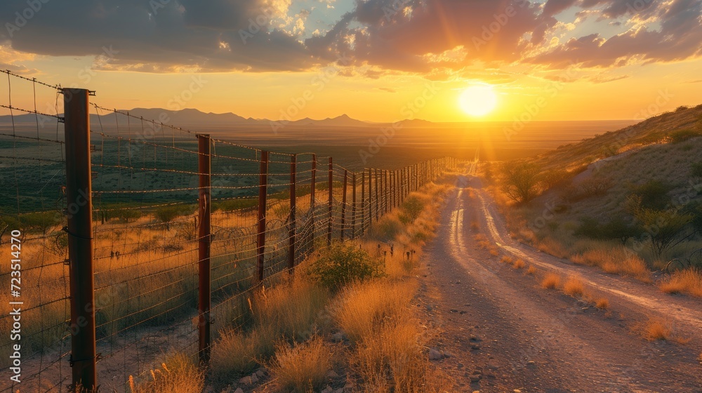  Sunset bathes a dusty border road and fence in golden light, a stark contrast to the day's tensions.