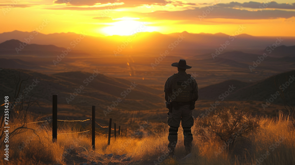 Fototapeta premium A border patrol officer surveys the landscape at dawn, facing the challenges of border enforcement.