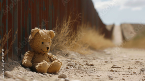 A lone teddy bear sits against a border fence, a silent symbol of childhood disrupted by migration.