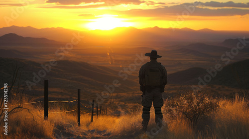 A border patrol officer surveys the landscape at dawn, facing the challenges of border enforcement. © Liana