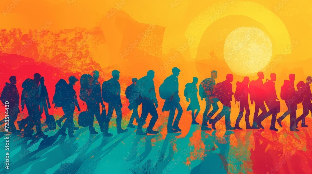 Fototapeta premium Silhouettes of people walking in a line against a vibrant sunset, depicting migration.