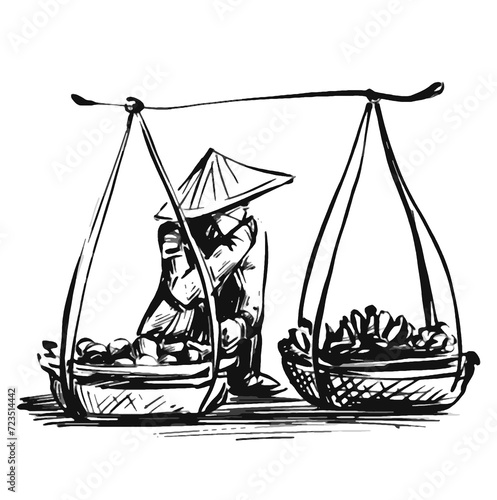 Drawing of Vietnamese women street sales 
