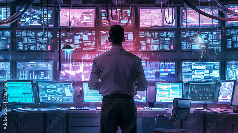 A man observes multiple screens in a sophisticated surveillance control room filled with digital data displays. A man observes multiple screens in a sophisticated surveillance control room filled with digital data displays.