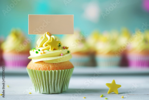Your Message Here: Cupcake Ready for Personalisation. A delightful cupcake topped with vibrant green icing and a single star sprinkle, symbolising celebration and joy. photo