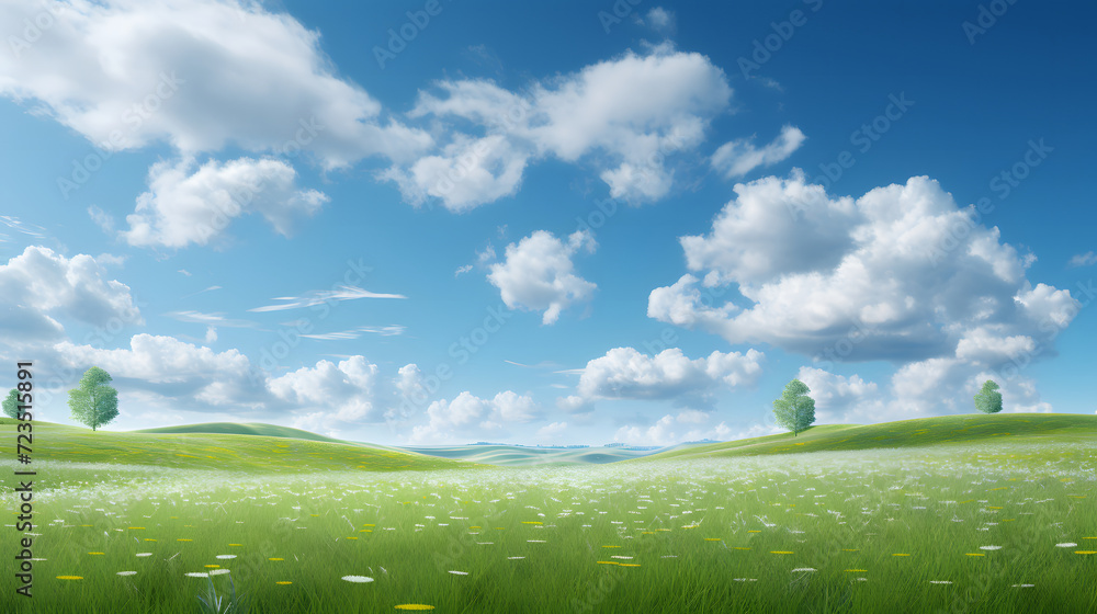 Fototapeta premium Illustration background, Beautiful grassy fields and summer blue sky with fluffy white clouds in the wind