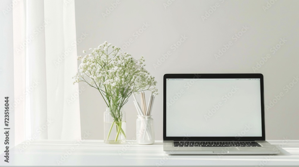 A serene concept of a minimalist desk setup featuring a white desk with a single vase of wildflowers a few tered pens and a laptop creating a peaceful and clutterfree workspace. A serene concept of a minimalist desk setup featuring a white desk with a single vase of wildflowers a few tered pens and a laptop creating a peaceful and clutterfree workspace.
