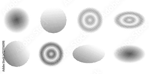 Set of halftone circular dots isolated on white background. Abstract dot circles, circular halftones, gradient and pop art textures. Illustration of halftone gradient spots photo