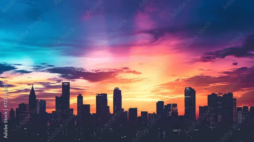 A bustling citys diverse skyline is captured in silhouette the various shapes and sizes of office buildings creating a dreamy and mesmerizing scene against the colorful sky.