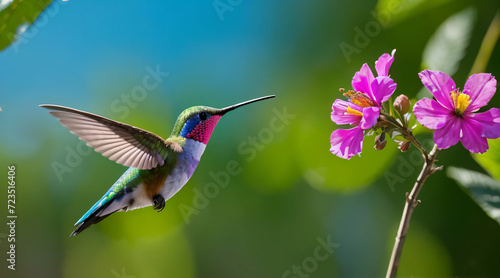 Colorful hummingbird hovering in front of a flower. photo