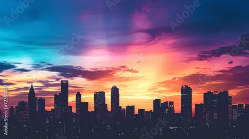 A bustling citys diverse skyline is captured in silhouette the various shapes and sizes of office buildings creating a dreamy and mesmerizing scene against the colorful sky.