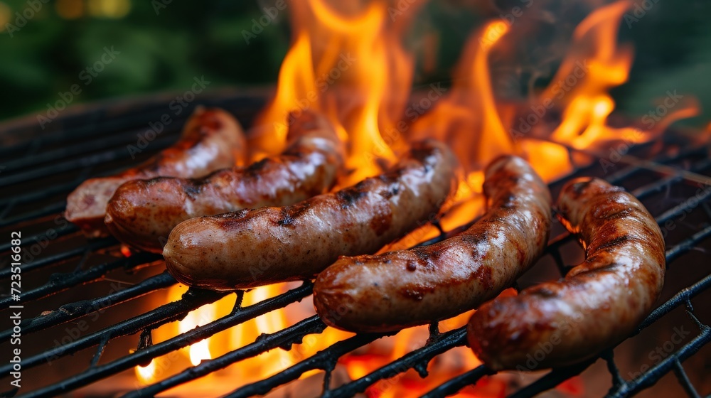 Fototapeta premium Grilled juicy sausages on a grill with fire.