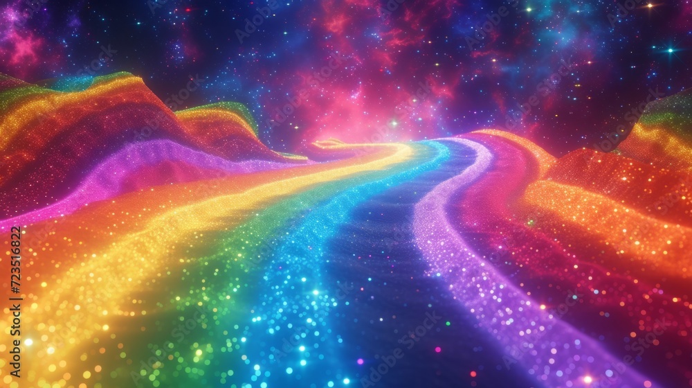 Vibrant journey along a neon rainbow path, leading through an imaginative, star-filled universe Vibrant journey along a neon rainbow path, leading through an imaginative, star-filled universe