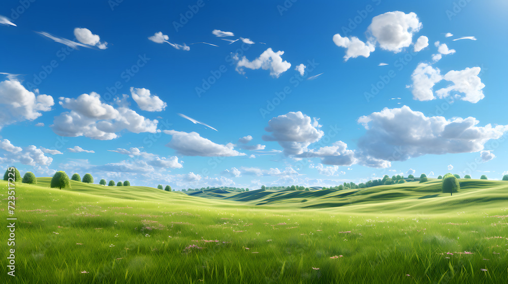 Illustration background, Beautiful grassy fields and summer blue sky with fluffy white clouds in the wind