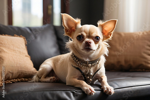 chihuahua dog sitting on the sofa