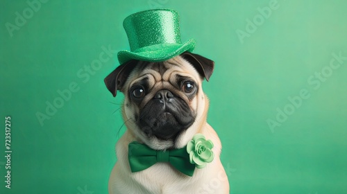 Pug dag fashion costume on green background. St.Patrick’s Day. greeting card. presentation. advertisement. invitation. copy text space. photo