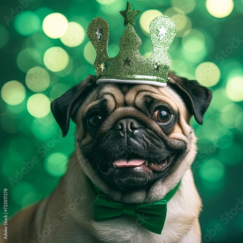 Pug dag fashion costume on green background. St.Patrick’s Day. greeting card. presentation. advertisement. invitation. copy text space.