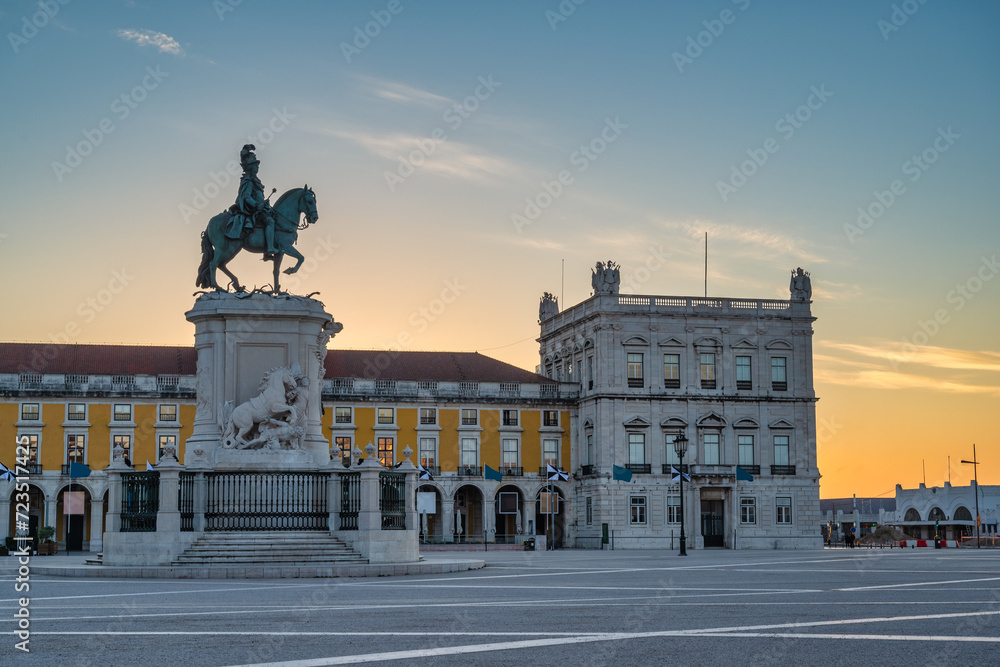 Lisbon Portugal, sunrise city skyline at Arco da Rua Augusta and Commerce Square