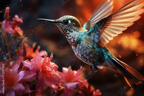 A tiny hummingbird hovering near a flower