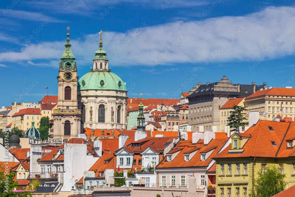 Prague Czech Republic, high angle view city skyline at Prague old town and St. Nicholas Church, Czechia