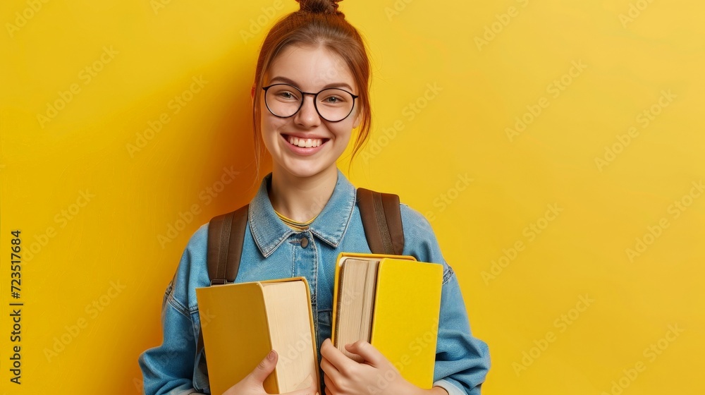 Happy teen student lady with backpack in glasses hold many books, enjoy study, learn, isolating on yellow studio background. Education at university, lifestyle, project, homework and library Happy teen student lady with backpack in glasses hold many books, enjoy study, learn, isolating on yellow studio background. Education at university, lifestyle, project, homework and library