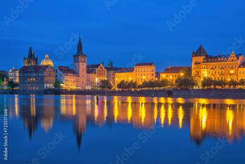 Prague Czech Republic, night city skyline at Charles Bridge and Vltava River, Czechia