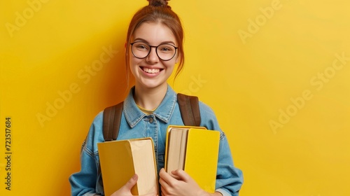Happy teen student lady with backpack in glasses hold many books, enjoy study, learn, isolating on yellow studio background. Education at university, lifestyle, project, homework and library photo