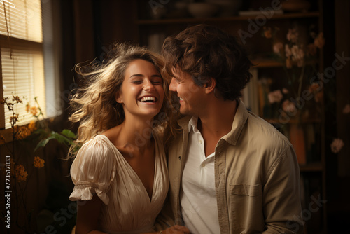 Vintage style young smiling couple spending a lovely time together