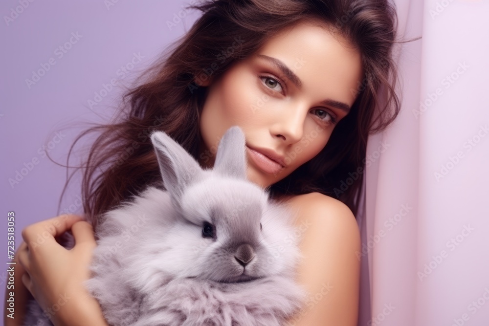 A beautiful girl is holding an American Fuzzy Lop rabbit, funny bunny. A beautiful girl is holding an American Fuzzy Lop rabbit, funny bunny.