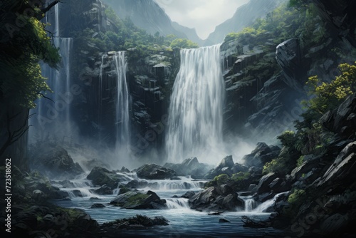 a landscape with a waterfall. streams of water flowing down the slope.