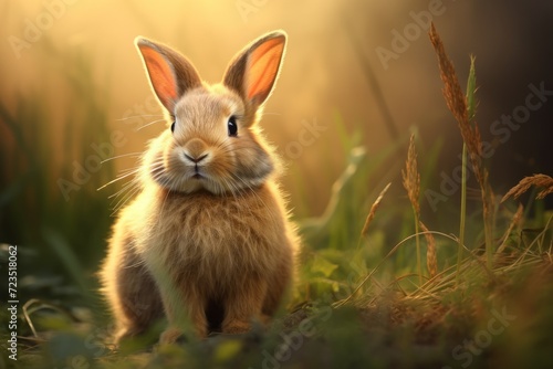 cute American Fuzzy Lop rabbit, funny bunny on the grass.