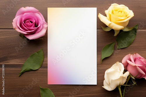 Blank white pastel rainbow paper greeting card with colorful roses flower on dark wooden background. Valentine's day-wedding. Mockup presentation. advertisement. copy text space.