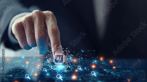 Businessman touching the AI Artificial Intelligence , Technology AI for working tools, Ideas an the adoption of technology in business in the digital age