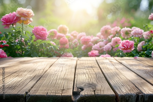 Empty wooden table on rose garden background. Summer mockup, product display. © MaskaRad